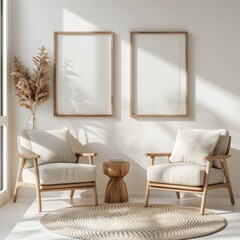 modern home living room with wall poster mockup, white frames, soft shadows and beige furniture, side table and natural lightcozy interior scene with poster frames on wall, minimalist room with beige 