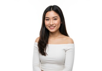 Fototapeta premium Portrait of a happy smiling young asian woman with long black hair wearing a white off shoulder top