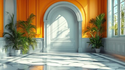 Bright and spacious interior with orange walls, elegant archway, and lush plants casting shadows