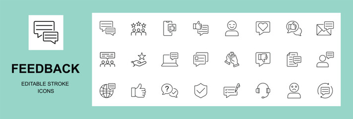 Naklejka premium Feedback Outline Icon Collection. Thin Line Set contains such Icons as Rating, Testimonials, Quick Response, Satisfaction and more. Simple web icons. Editable stroke.
