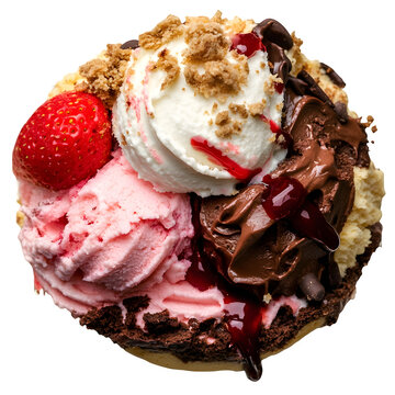 Strawberry cheesecake, chocolate fudge brownie, and vanilla bean scoops with biscuit crumbs and sauce ribbons.