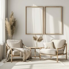 cozy interior poster mockup with two white frames, beige armchair, white carpet, side table and natural light from window, modern living room