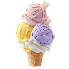 Taro, peach, and lemon ice cream scoops balanced with whipped cream and a sugar wafer on top, clean and sharp render over white.