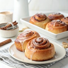 Two delicious cinnamon rolls on a plate, with more in a baking dish behind. Perfect for breakfast, brunch, or a sweet treat.