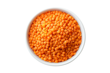 Orange lentil in white bowl isolated on transparent background