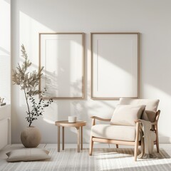 Frame mockup, ISO A paper size. Living room wall poster mockup. Interior mockup with house background. Modern interior design. 3D render 