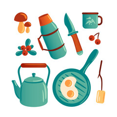 A cozy outdoor cooking scene featuring a frying pan with eggs, a thermos, a knife, a metal mug, a kettle, fresh mushrooms, berries, , capturing the essence of preparing delicious meals in nature.