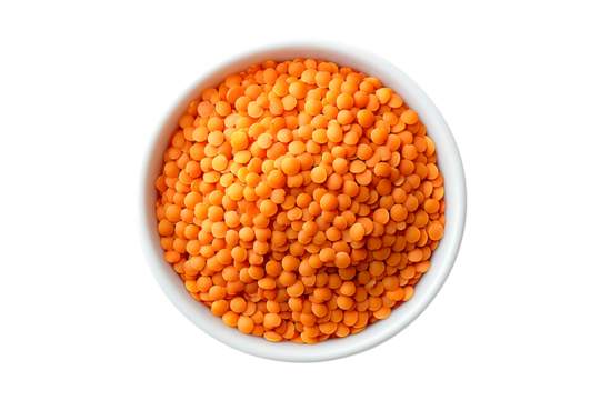 Orange lentil in white bowl isolated on transparent background