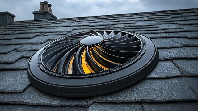 Roof vent on a shingled roof on an overcast day.