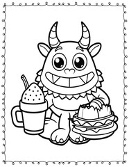 Cute Monster fast food Coloring Pages For Kids. High resolution (300 DPI), ready to print on standard 8.5x11 inch paper  With No Bleed, Black and White Vector illustration AI, EPS, PNG, JPEG.