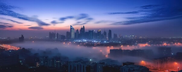 Naklejka premium Futuristic cityscape with skyscrapers reflecting in shimmering water at night.