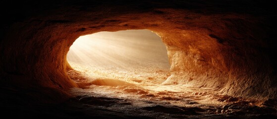 Dramatic cave entrance with radiant light illuminating the path ahead creating a sense of hope and mystery in a natural rock formation with a golden hue