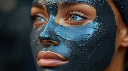 Woman with black facial mask looking away skincare beauty treatment close-up.