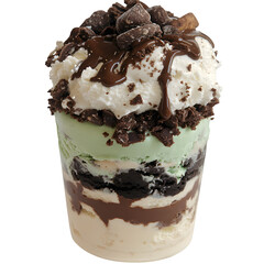 Triple scoop of cookies and cream, mint fudge, and rocky road with mini cookies and fudge topping, clean for PNG.