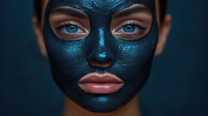 Woman with blue eyes wearing a dark face mask against a dark background.