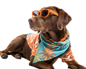 Chocolate labrador wearing orange sunglasses and a tropical shirt lying down looking cool