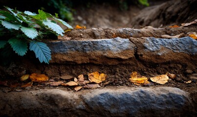 Obraz premium Stone steps in a forest scene, with leaves scattered across the stone surface and nearby greenery