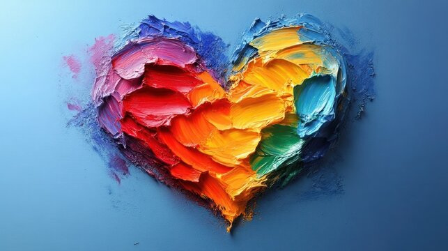 Heart shape made of colorful paint strokes on a blue background.
