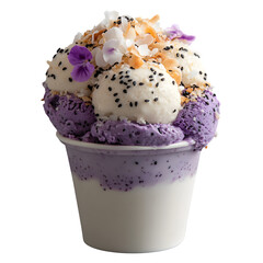 Ube, black sesame, and lychee scoops topped with sugar pearls, toasted coconut, and floral sugar flakes, clean isolated look.