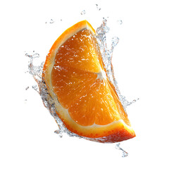Ultra-realistic orange slice frozen mid-air with visible juicy texture and no background shadow.