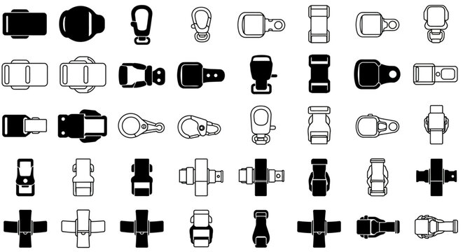 Vector illustration of various buckles and clasps for straps and bags design elements collection
