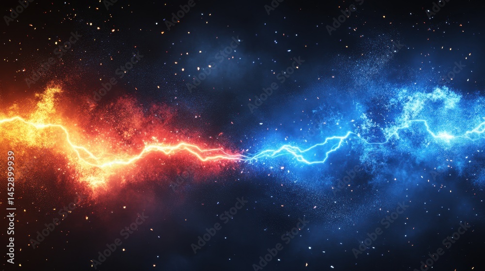 Poster dynamic collision of fire and ice energy streams in cosmic space creating an intense visual spectacl