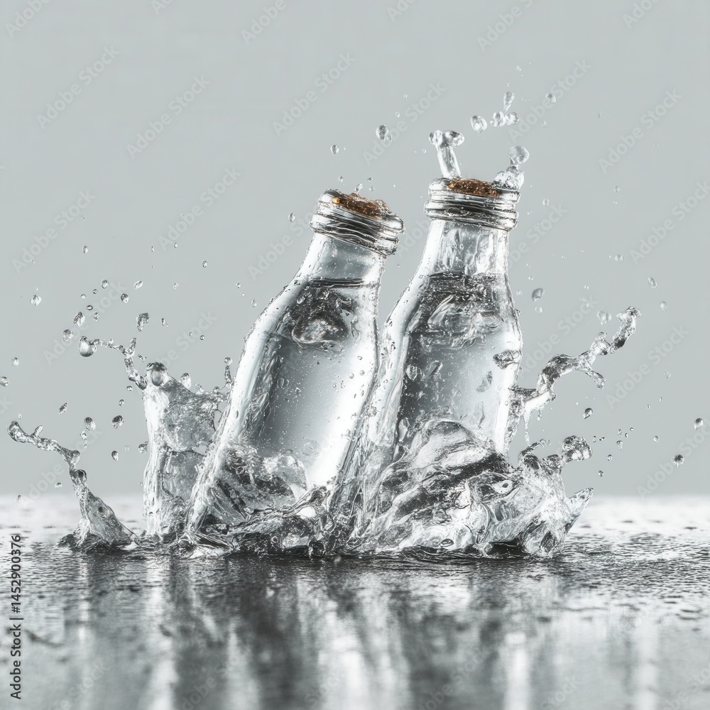 Poster two clear glass bottles create a dynamic splash of water on a sleek surface in a studio setting capt
