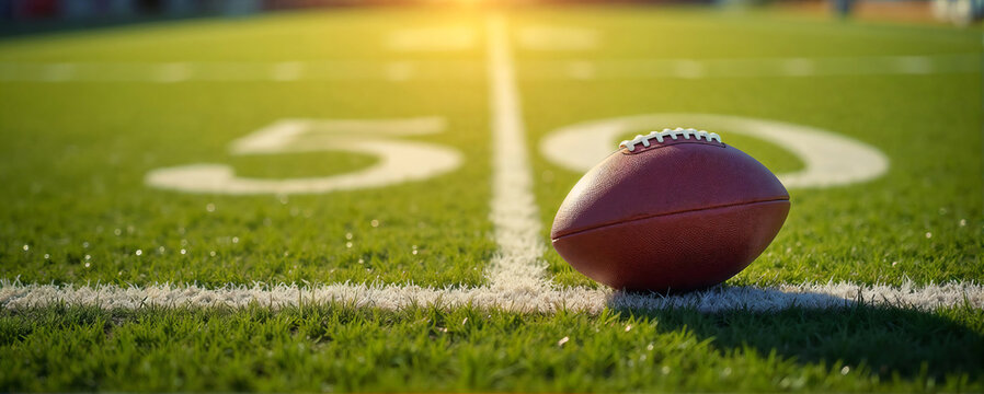 American football ball resting on the sports ground during sunset with copy space