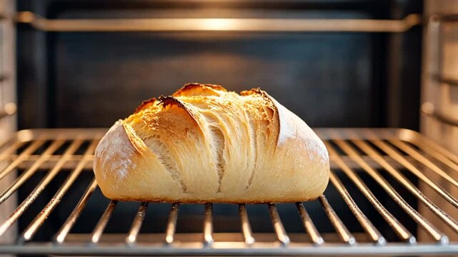 Freshly baked loaf of bread in oven