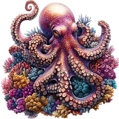 Cartoon Octopus Hiding in Coral Oceanic Blues Isolated on Transparent Background