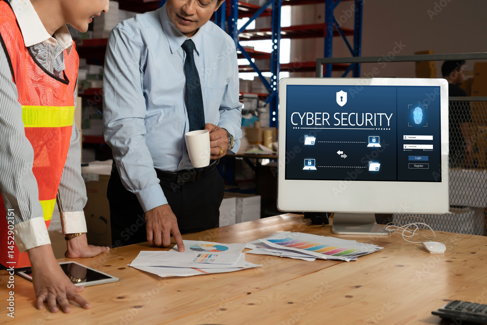 Poster cyber security system on computer screen protect private information snugly from hacker and cyber at