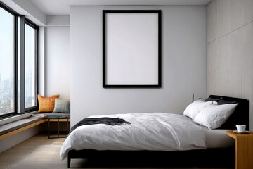 Bedroom interior with large window, black framed art, and bed with white linens and side table