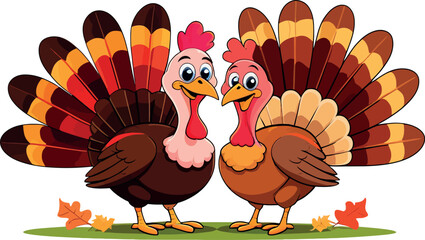 A funny cartoon turkey, a cute poultry bird, is ready for Thanksgiving