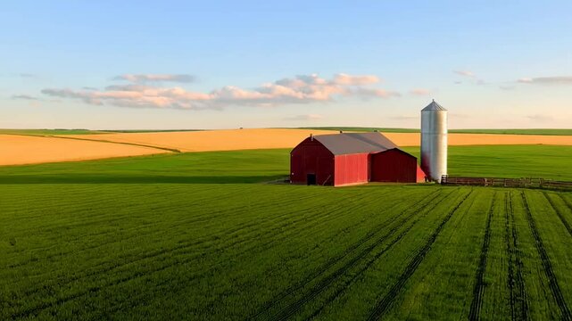 Red barn and white silo peacefully standing representing agriculture in green field under blue sky