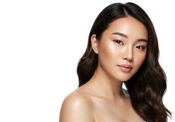 Fototapeta premium Beautiful asian woman with long wavy dark hair and clear skin face girl model