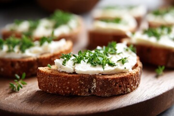 Delicious appetizer featuring toasted bread topped with creamy cheese and fresh thyme sprigs on wooden board a culinary delight close up view