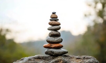 A stack of smooth round stones balanced on a larger rock with soft-focused background.
