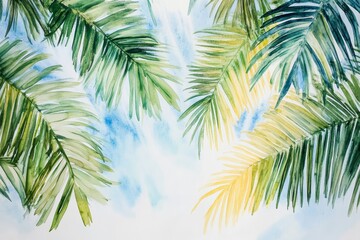 Fototapeta premium Watercolor Sunlight Through Lush Tropical Palm Leaves - Tranquil watercolor painting of palm fronds, sunlight, and blue sky. Symbolizing serenity, summer, vacation, paradise, and nature's beauty