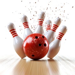 A red bowling ball crashing into the pins on white background