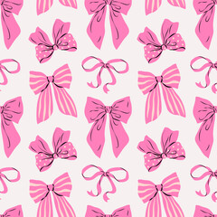 Coquette seamless pattern with red and pink bows on pastel background. Hand drawn vector illustration. Cute design for wedding celebration, holiday, party decoration, gift, present concept.