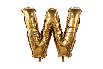 English alphabet W made with gold foil balloon isolated on transparent background