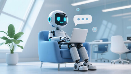 Artificial intelligence robot character – happy 3D chatbot icon isolated on white. Funny tech bot, trendy assistant, GPT mascot for support services