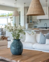 Serene interior with white flowers in a blue vase on a wooden table in a bright coastal home decor showcasing natural light and elegant design