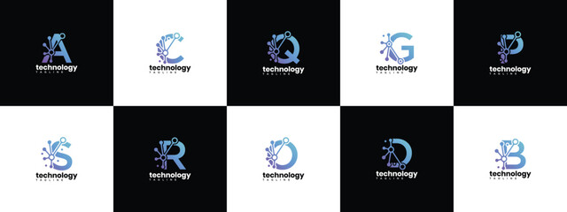 Collection of monogram letter technology logo design templates. Letter D technology connection logo template.