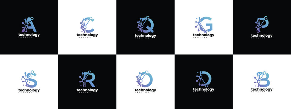 Collection of monogram letter technology logo design templates. Letter D technology connection logo template.