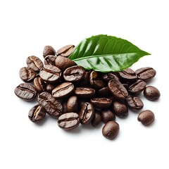A pile of coffee beans with leaves on clear white background