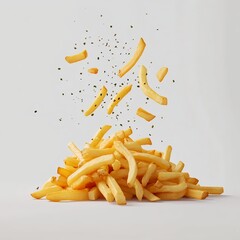 A pile of golden french fries with some scattered in the air on gray background