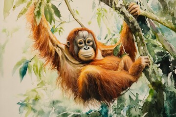 Obraz premium Borneo Orangutan Watercolor Painting - A young orangutan playfully hangs from a tree branch in the lush Borneo rainforest. Symbolizing: nature, wildlife, innocence, tranquility, preservation