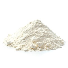 A pile of flour sits, perfect for culinary projects and baking recipes, showcasing fine texture and purity on clear white background