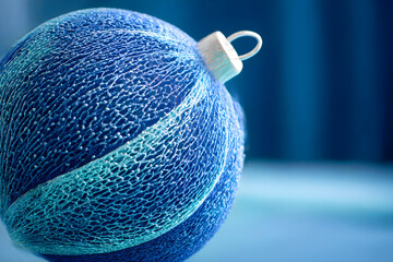 Close-up of a textured blue Christmas ornament with silver hook on a soft blue background